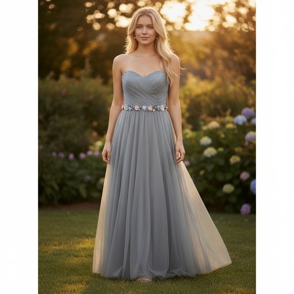 Lauren Conrad Dresses & Skirts - LC Lauren Conrad Strapless Dusty Blue Tulle Maxi Dress with Floral Belt
